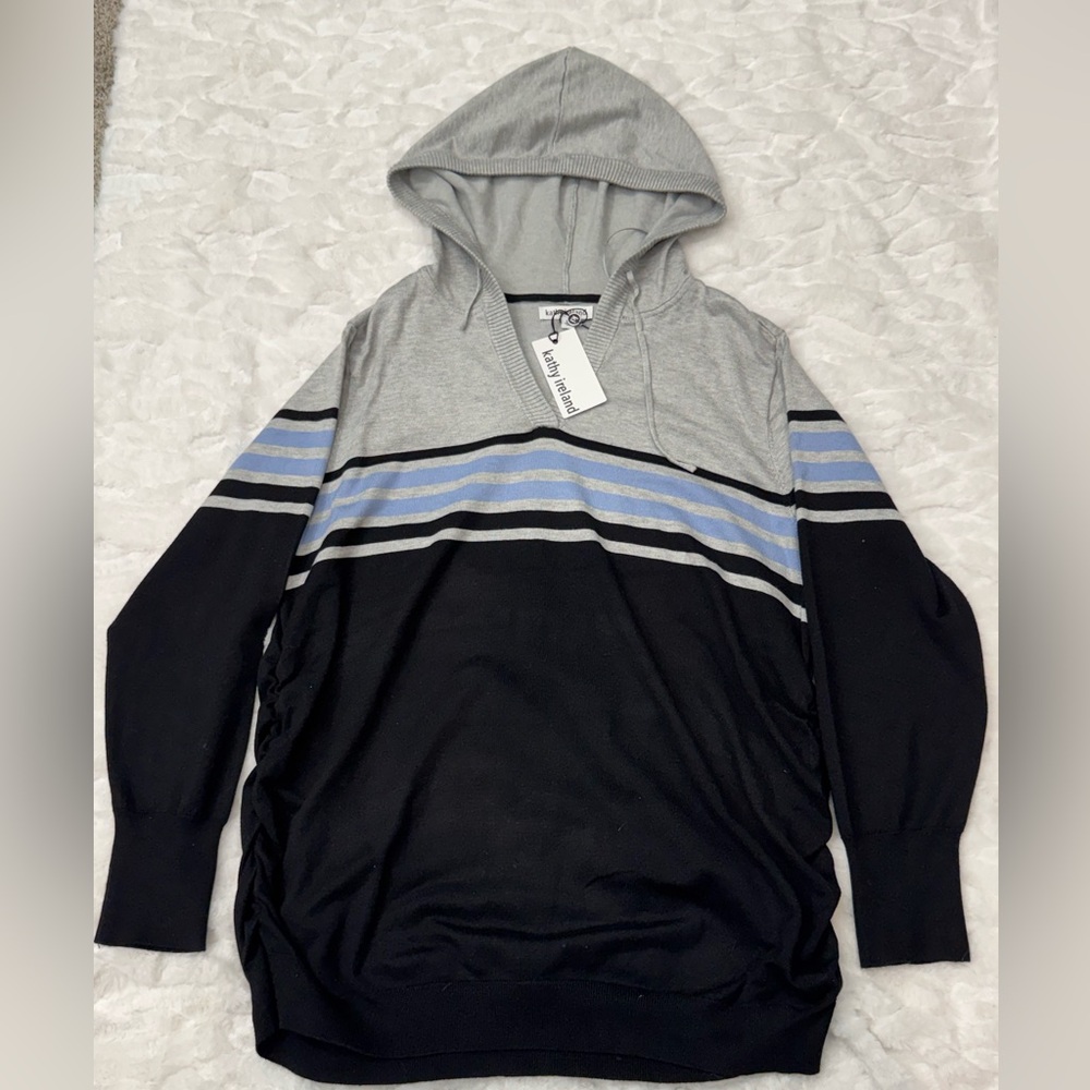 NWT kathy ireland striped pullover hoodie with a ruched hem sides